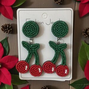 Beaded‎ Cherry Dangle Earrings Red With Green Stems. New.